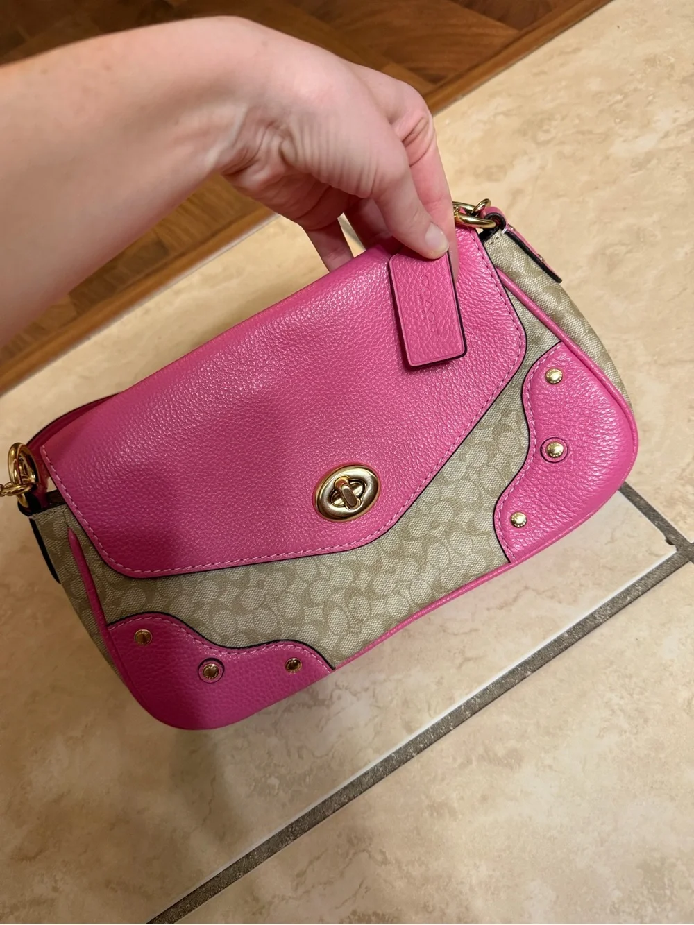 Coach Pink Signature Canvas Shoulder Bag with Gold Hardware